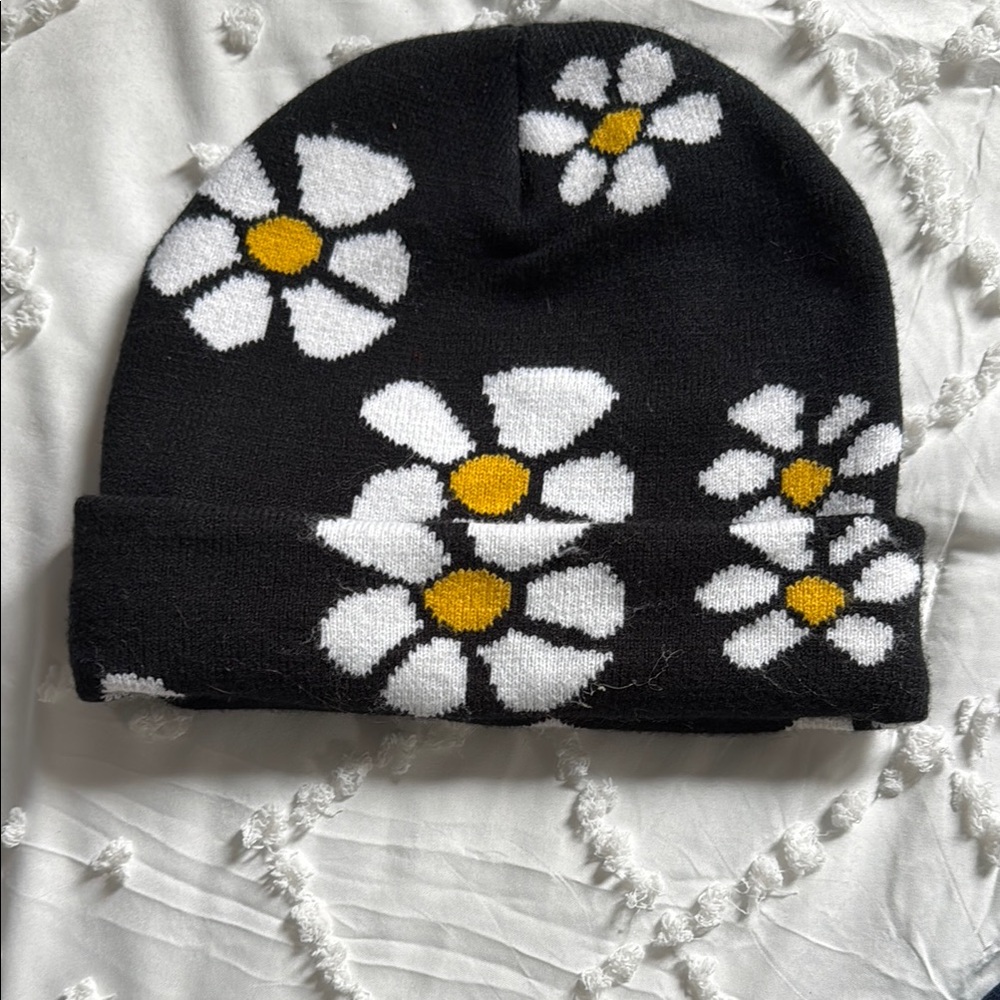 Black Floral Beanie with White and Yellow Accents